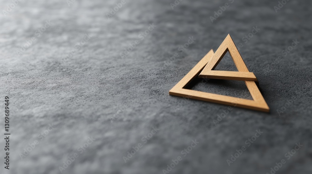 Poster two golden triangles overlapping on a dark gray surface.