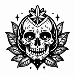 Obraz premium Intricate Floral Skull Art with Decorative Leaves and Star Accents