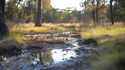 Fototapeta premium Tranquil Forest Stream. Serene Nature in Woodland with Trees and Muddy Patch Reflections