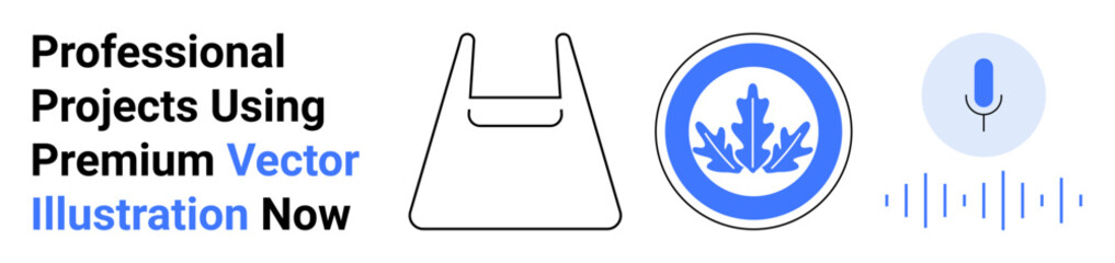 Minimalist bag icon, abstract leaf emblem, microphone with sound waves. Ideal for technology, creativity, eco-friendly concepts, e-commerce, innovation, branding education flat landing page banner