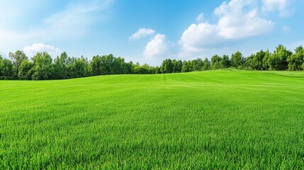 Fototapeta premium Lush green meadow under bright blue sky with fluffy white clouds in tranquil countryside