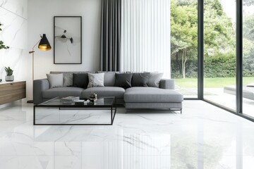 Modern living room with gray sectional sofa, white marble floor, and large windows overlooking a garden.