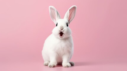 Obraz premium cute animal pet rabbit or bunny white color smiling and laughing isolated with copy space for easter background, rabbit, animal, pet, cute, fur, ear, mammal, background, celebration, generate by AI
