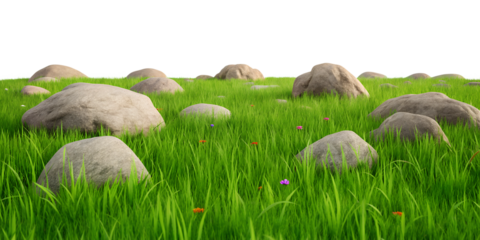 Grass Fields and Rocks on White, Tranquil Natural Setting for Outdoor and Environmental Design, PNG Transparent