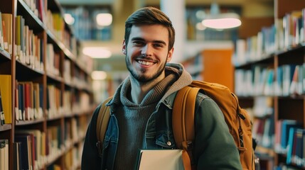 Fototapeta premium Handsome Smile student man with backpack and books in library, education, university, cheerful, college, happy, standing, school, backpack, attractive, enjoyment, confidence