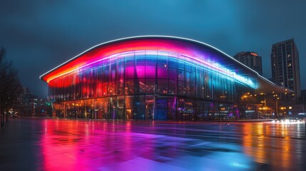 Obraz premium Light trails on the modern building background. Light trails at night in urban environment, Abstract Motion Blur City, traffic, transportation, street, road, speed