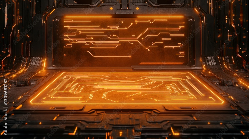 Poster a futuristic wooden circuit panel glowing with soft digital veins, transitioning into an open blank 