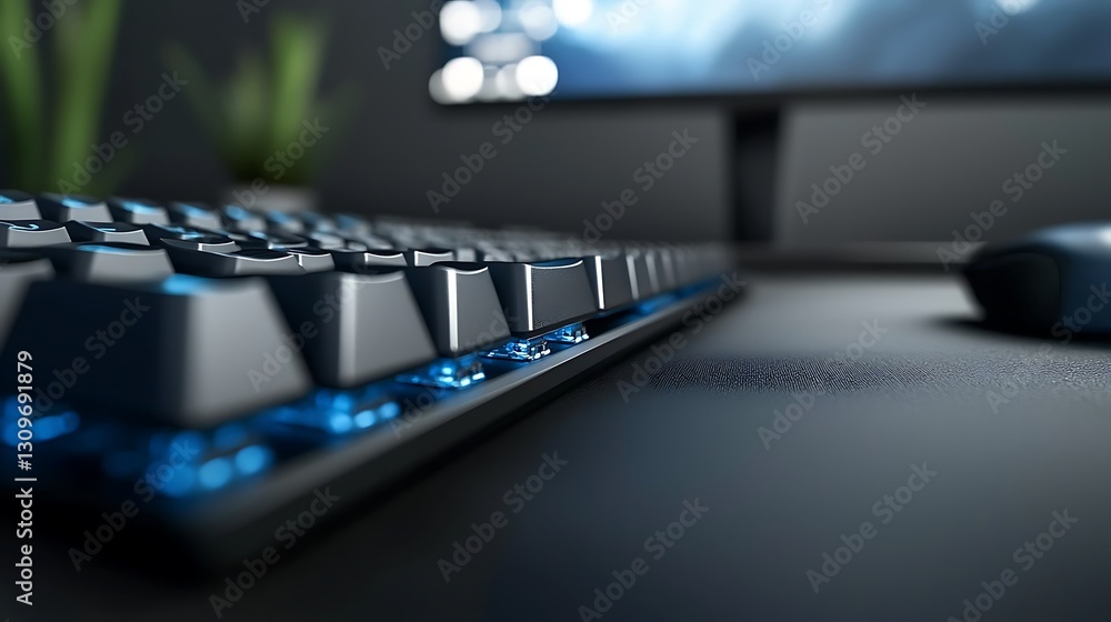 Poster Close-up view of a modern keyboard and mouse on a sleek desk with plants in the background