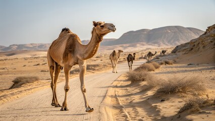 Dromedary Camel Herd in Desert Landscape.