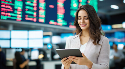 Fototapeta premium Woman holding tablet stands trading floor.