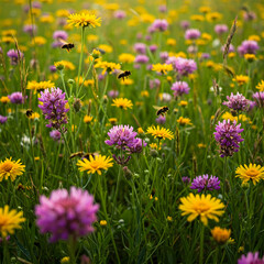 Obraz premium Red clover and yellow flowers in sunny field, bees buzzing over wildflowers, vibrant meadow, colorful nature scene