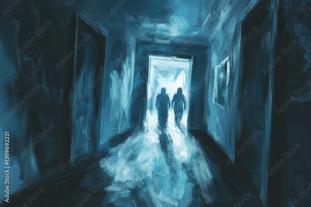 Poster Dark corridor filled with shadowy figures and flickering light creates an unsettling atmosphere in a haunted setting