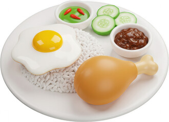 Delicious 3D Render of Chicken Leg with Rice Fried Egg and Condiments