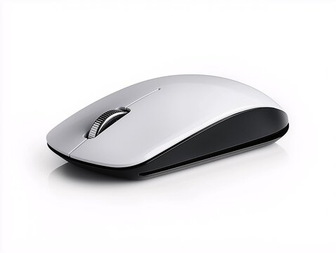 Sleek computer mouse on a white surface with a scroll wheel and black trim.