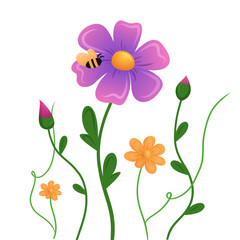 Bright flowers in various colors with a buzzing bee collecting nectar.