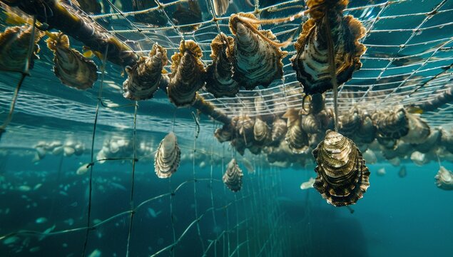 Oysters cultivated underwater, hanging in nets. The vibrant teal water contrasts with the oyster shells' textured surfaces.