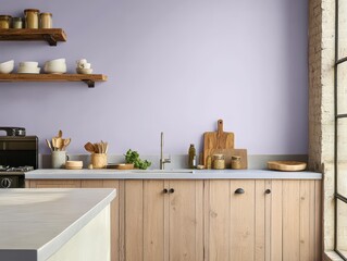 A modern kitchen interior featuring neutral colors and wooden textures
