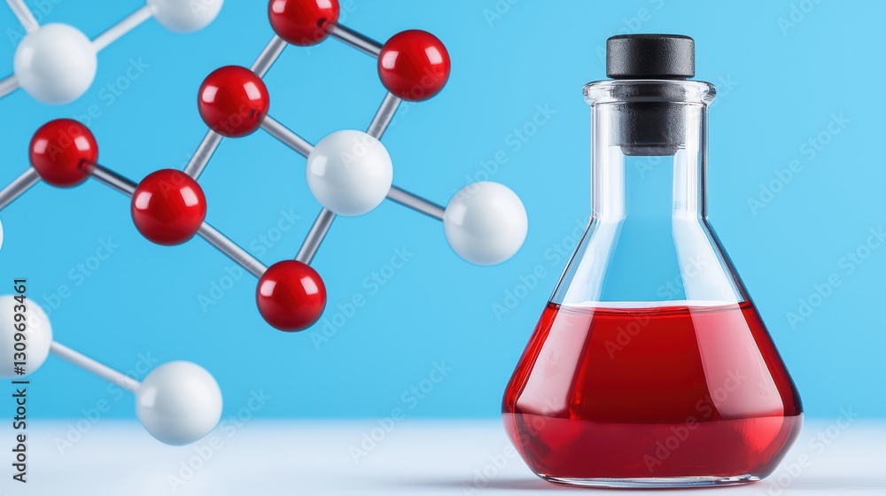 Aufkleber transparent laboratory flask with red liquid and crystal structure of pathogens in background