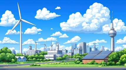 Sustainable Urban Landscape with Wind Turbines and Solar Panels in Modern City