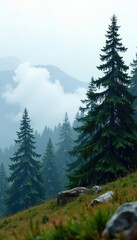 Fototapeta premium Focal point of towering pine trees amidst fog, pine trees, high tatras, nature photography