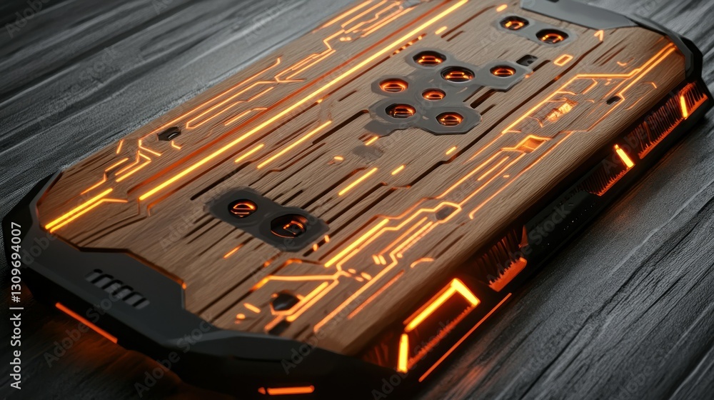 Poster a futuristic wooden motherboard with delicate luminous traces running across, with an empty area for