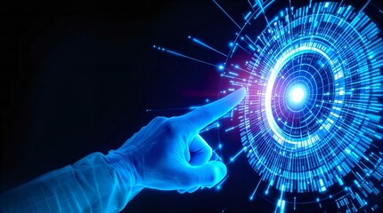 Futuristic Technology Interface: Hand Touching Glowing Digital Screen with Data Visualization, AI Concept, Dark Blue Background