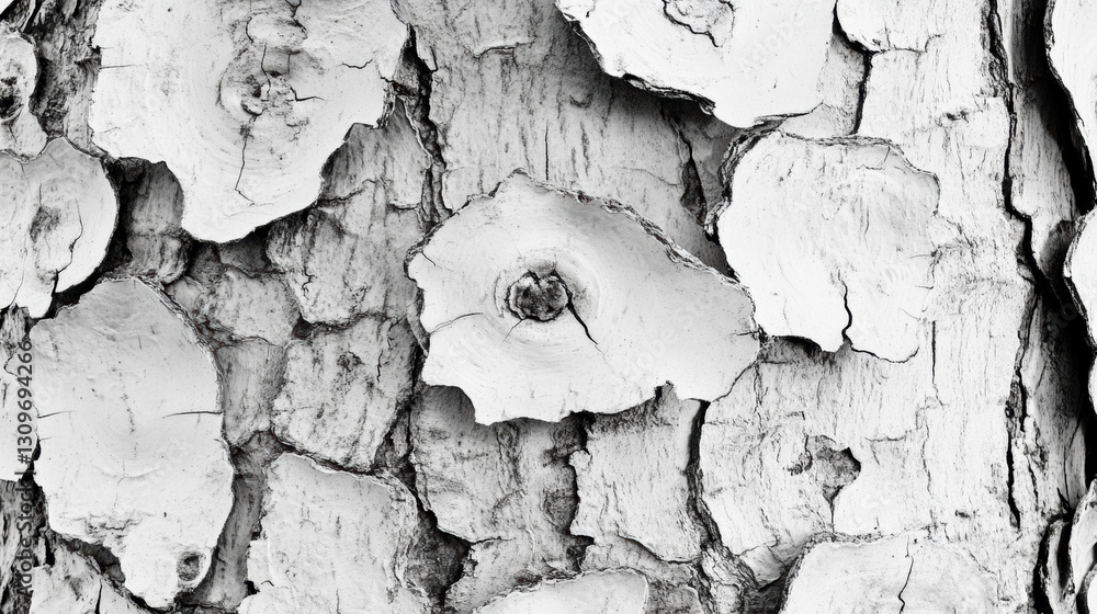 Poster a close-up of textured, peeling bark showcasing various shapes and patterns in black and white.