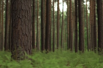Fototapeta premium Sunlit forest with lush ferns.
