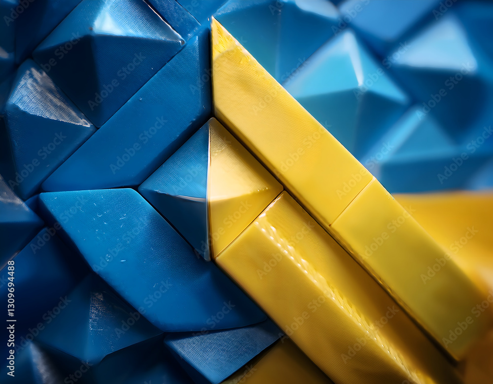 Poster a close-up of a 3d geometric pattern with blue and yellow textures, highlighting details and structu