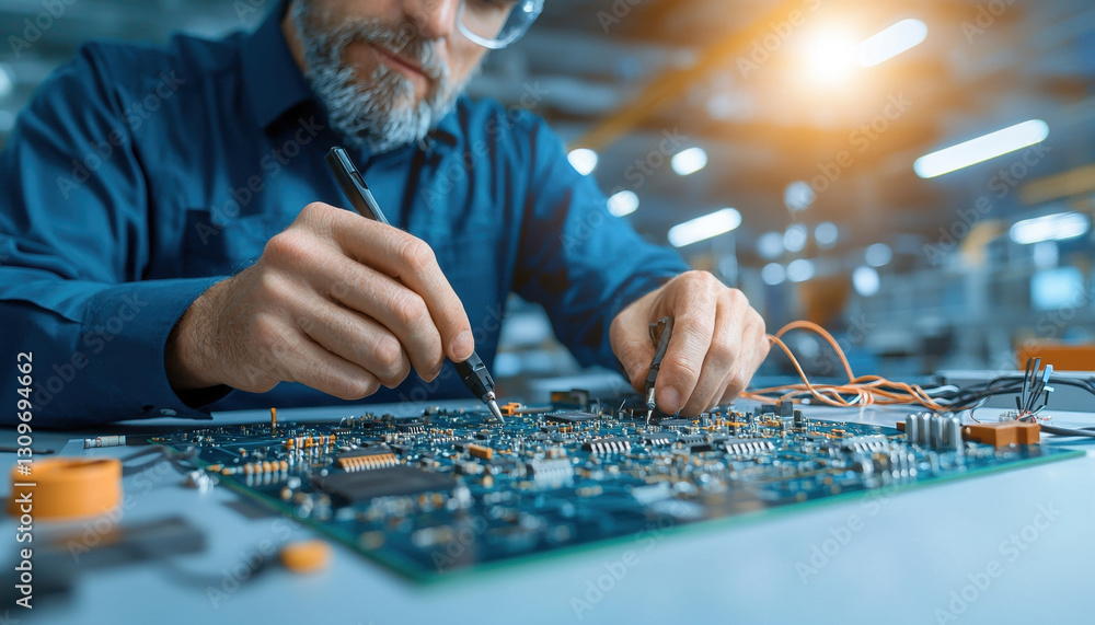 Poster engineer working on circuit board, using soldering tool and multimeter, focused on electronic compon