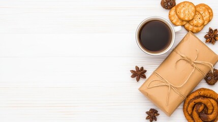 Warm and Comforting Scene with Coffee, Cookies, and Gift on a Light Wood Background
