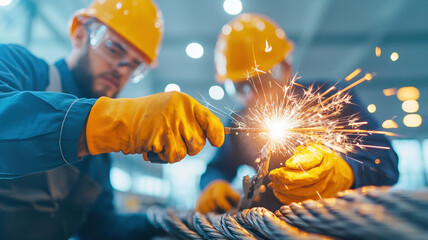 Welders in safety gear working on metal, creating sparks in workshop
