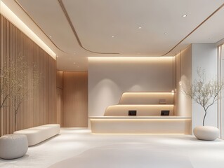 A modern minimalist reception area with wood and neutral colors