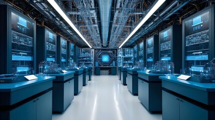 Fototapeta premium Futuristic Tech Lab: High-Tech Research Facility with Advanced Equipment & Blue Lighting - Science & Technology Innovation Image