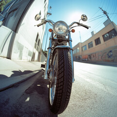 Fototapeta premium A vintage motorcycle parked on an urban street under a clear blue sky, showcasing its classic design against industrial buildings.