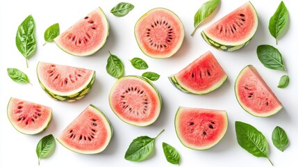 Bright watermelon snack slices flat display white background 