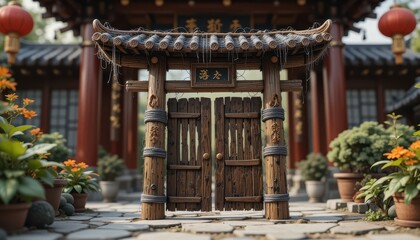 Rustic Asian Wooden Gate Entrance to Temple Courtyard Garden