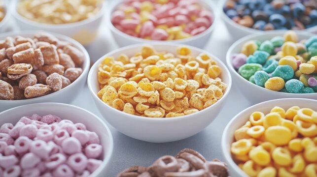 Vibrant cereal bowls displaying various colorful breakfast options
