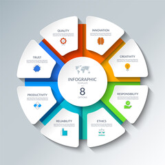 Infographic circular diagram with 8 options. Round chart that can be used for business presentations, educational resources, marketing materials, visualizing data, simplifying complex information.