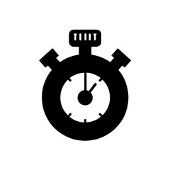 Minimalist black silhouette of a stopwatch with start button on white background