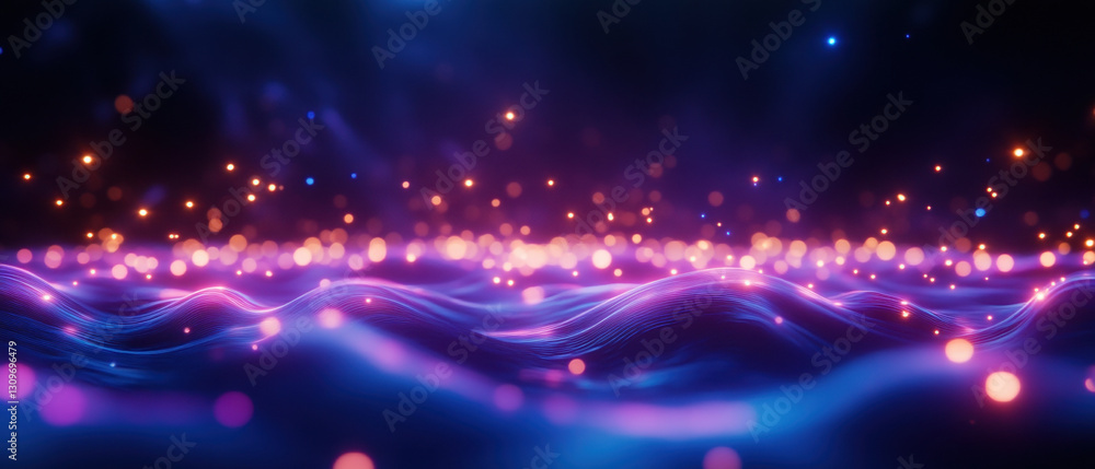 Poster vibrant network of glowing nodes creates mesmerizing visual effect, with waves of light in shades of