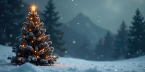 Dark grey misty background with a Christmas tree in focus, holiday, winter