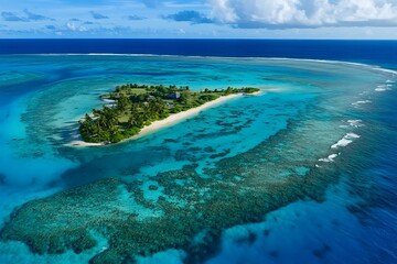 Obraz premium aerial view of a tropical island surrounded by turquoise waters, coral reefs, and deep blue ocean under a bright sky with clouds.