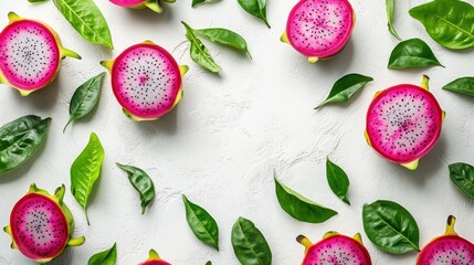 Healthy dragon fruit overhead flat display white background 