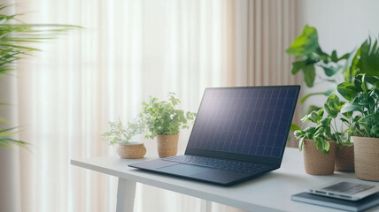 Fototapeta premium sleek solar powered laptop on minimalist desk surrounded by greenery, showcasing modern workspace filled with plants and natural light