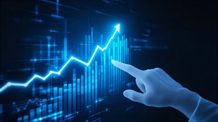 Stock Market Growth Chart: Upward Trend Analysis with Hand Pointing to Financial Data Visualization in Blue Tone