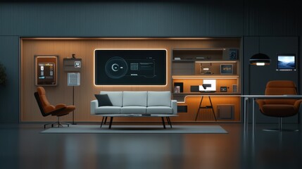 Modern futuristic living room with smart technology and minimalist design