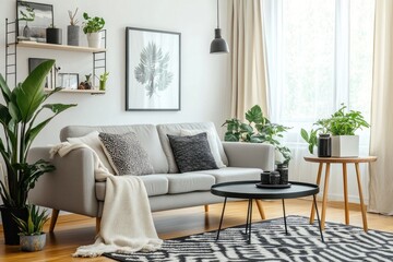 Modern living room with gray sofa, plants, and art.