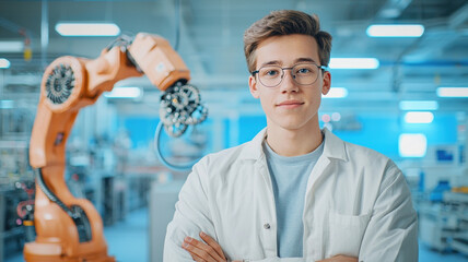 Young engineer standing confidently next to robotic arm in modern lab. atmosphere is innovative and inspiring, showcasing advanced technology and engineering