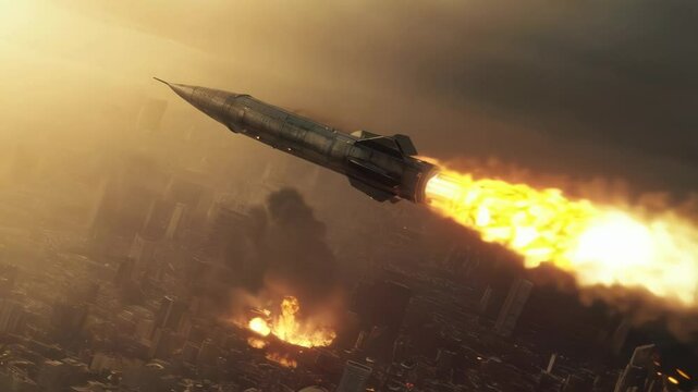 A massive missile soars through the sky over a burning, devastated city, leaving a fiery trail behind. Concept of war, destruction, apocalypse, military power. 
